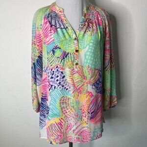 Lilly Pulitzer Women's Elsa Blouse 100% Silk in Roar of the Seas Size Small